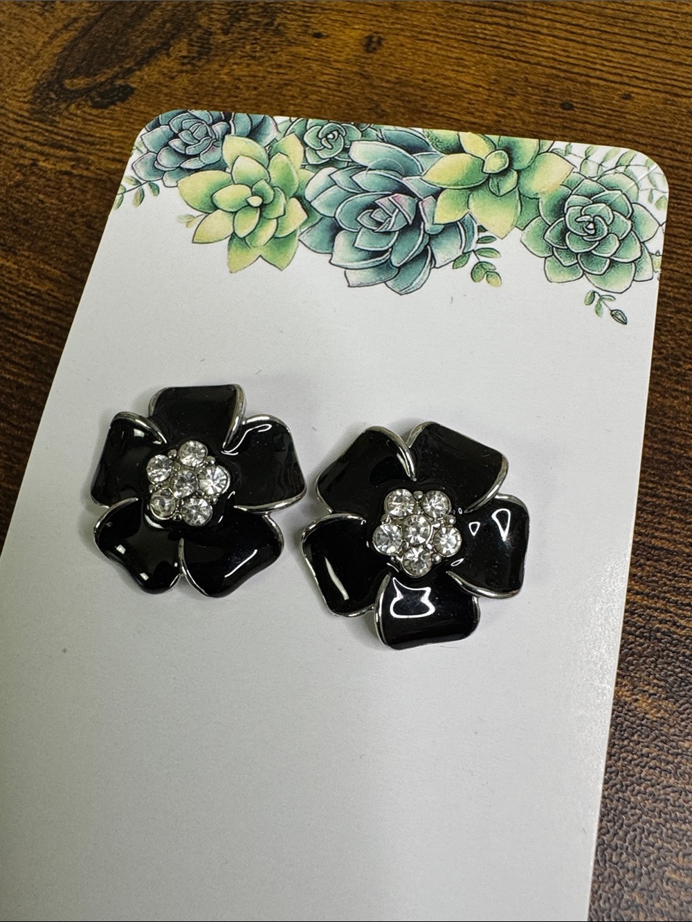 Black Floral Enamel Stud Earrings with Rhinestone Centers